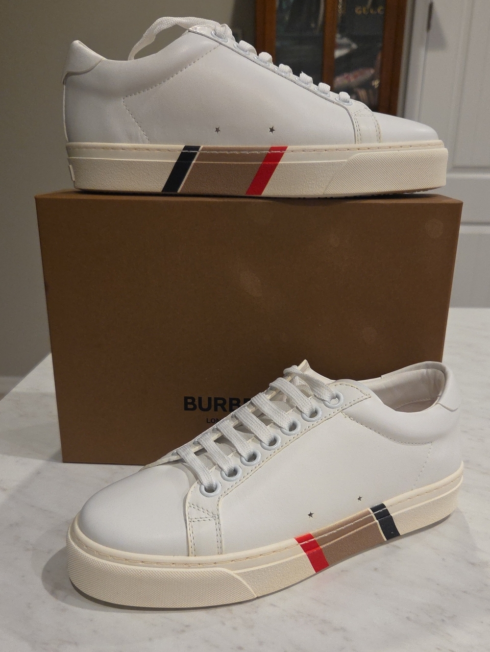 Burberry Women White Leather Sneakers with Red & Black Stripe Size 37